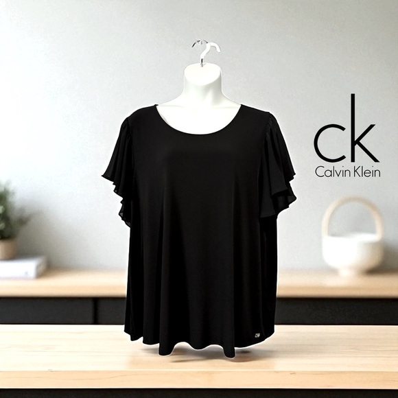 Calvin Klein, Elegant Black Flutter-Sleeve Blouse, Plus Size 3X - Picture 1 of 8
